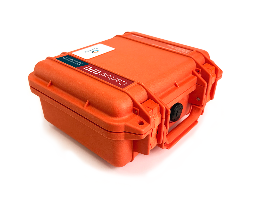 An aerial view of a Retego Certus OPO case. It is a hardened bright orange field case with identifying labels.