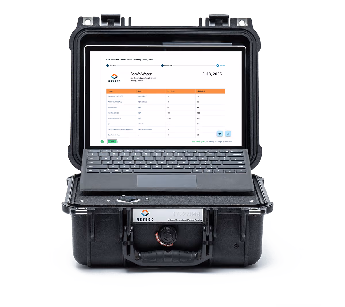 A Retego Aegis device opened showing test results in the Retego app. The case is a black hard plastic.
