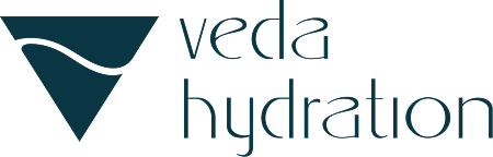 Veda Hydration logo with stylized triangular shape and wave design.