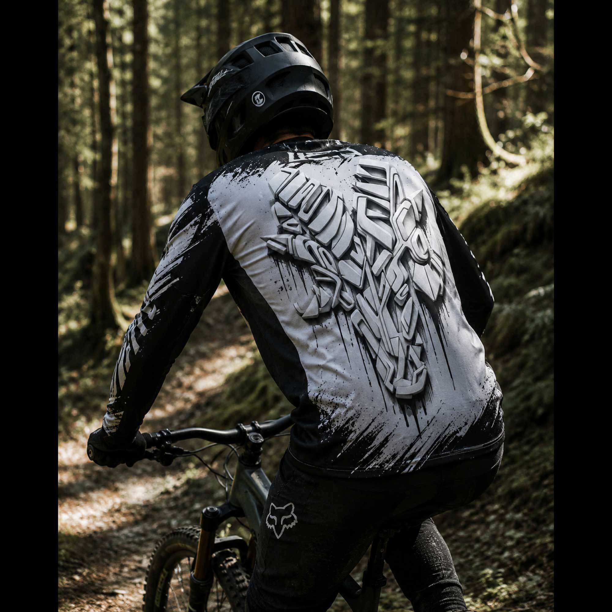 Le Bouc mockup maillot BMX porte en forêt