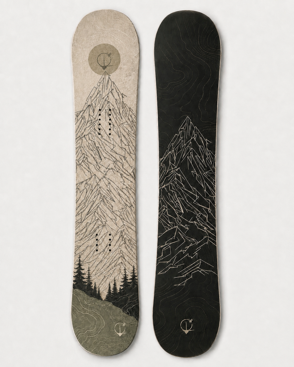 Altitude Fragmentée - snowboard fond beige/noir dessin montagne