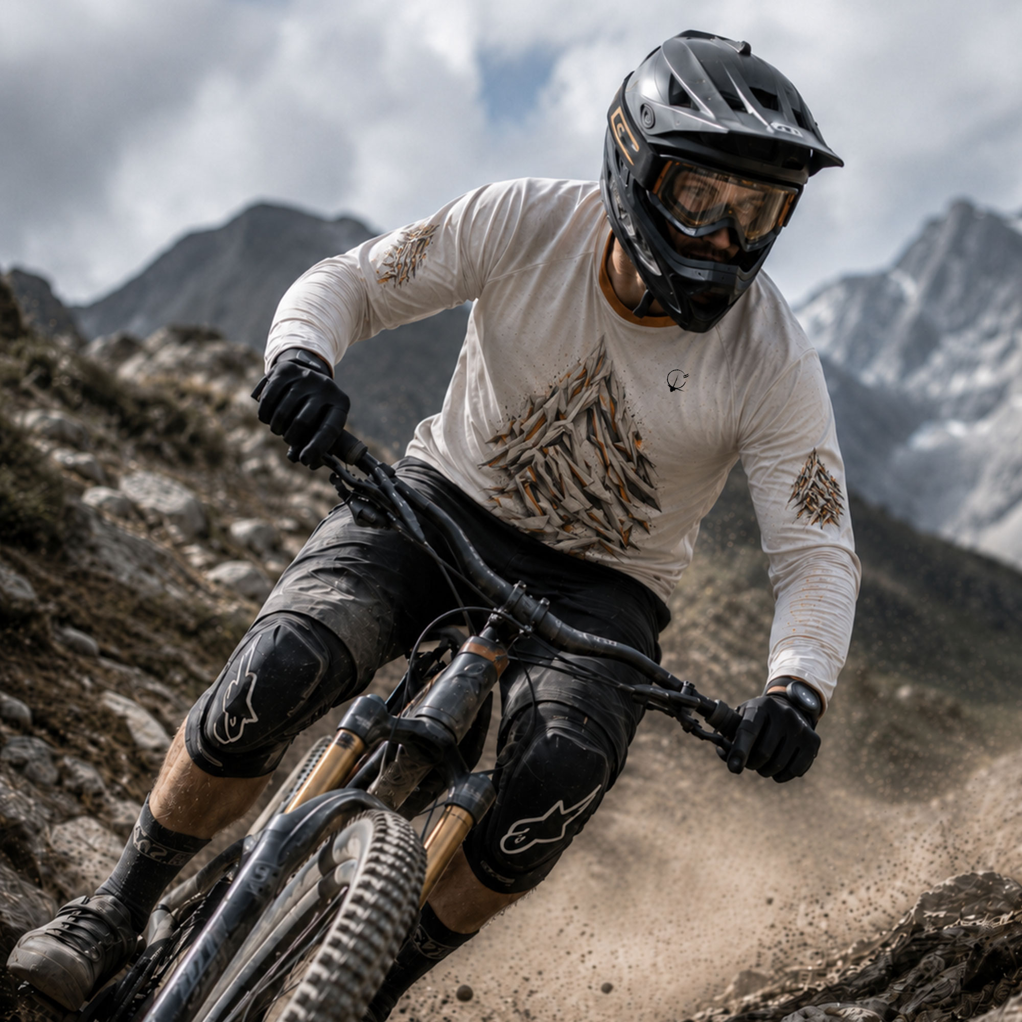 Altitude Fragmentée - maillot VTT blanc porté en descente