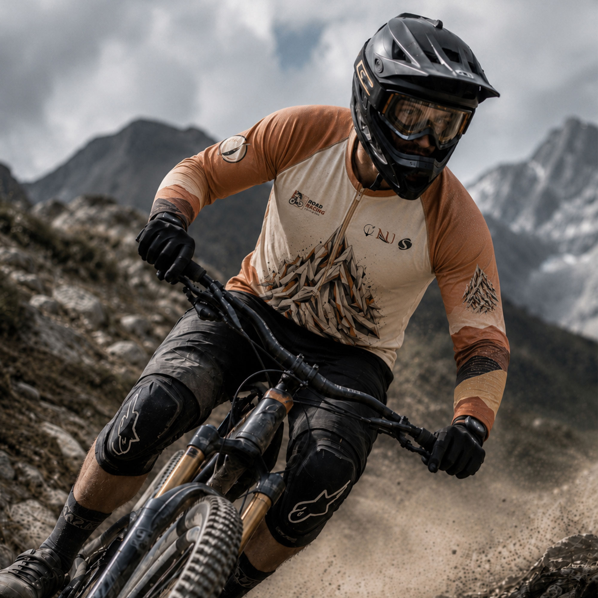 Altitude Fragmentée - maillot VTT orange/beige porté en descente