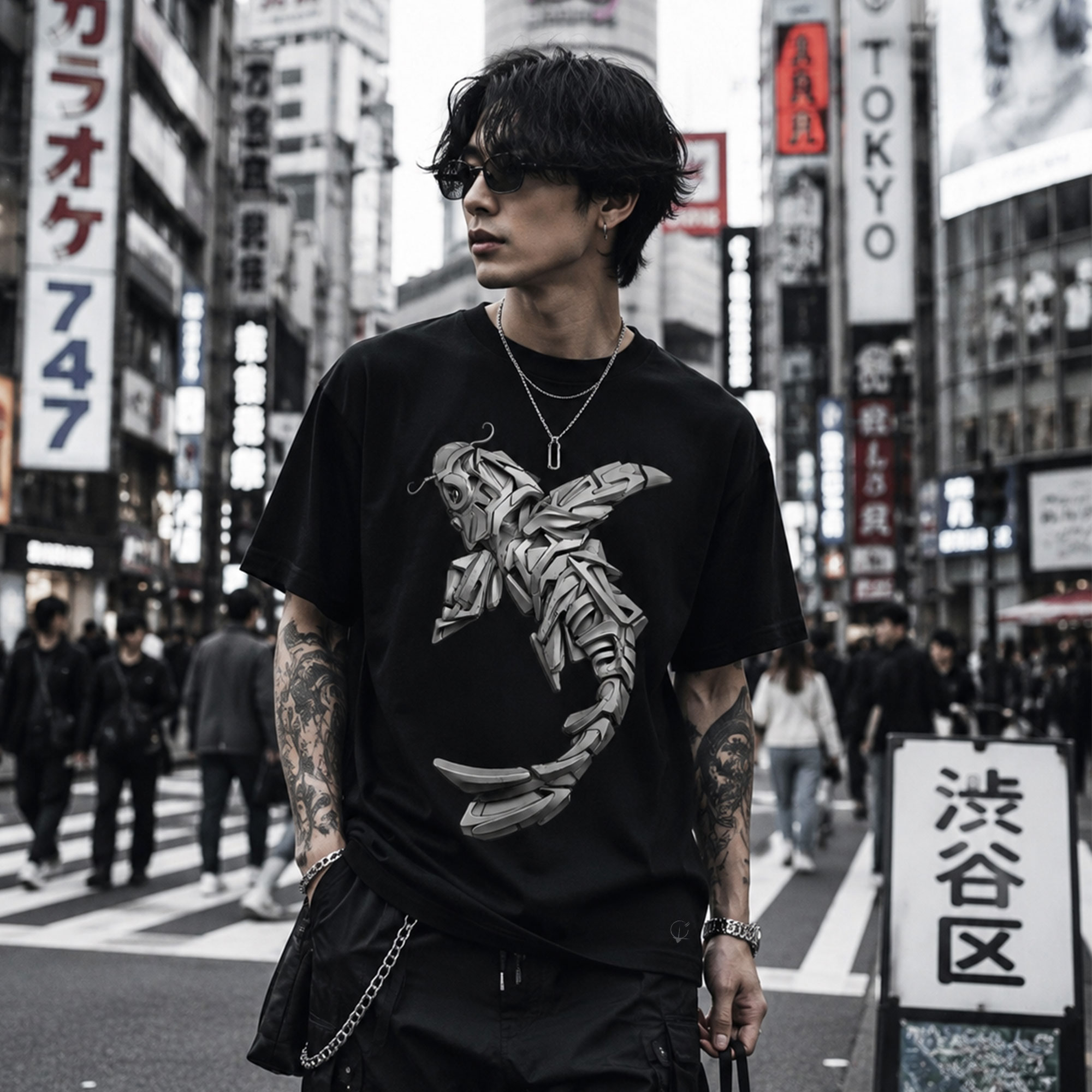 Carpe Kuoi - t-shirt noir porté rue de Tokyo