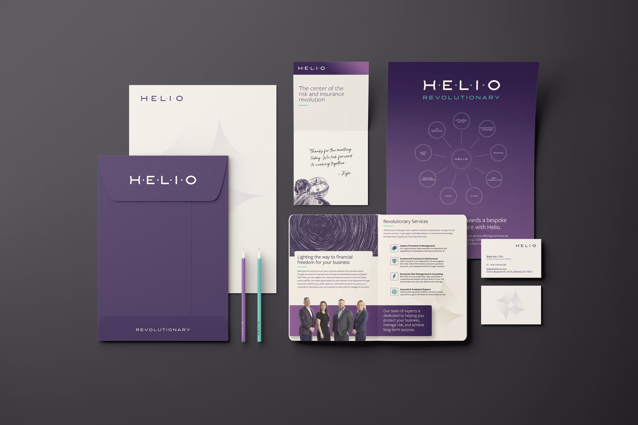 A overview of collateral for the Helio Risk brand. It features a large envelope, letterhead, a booklet and other stationery.