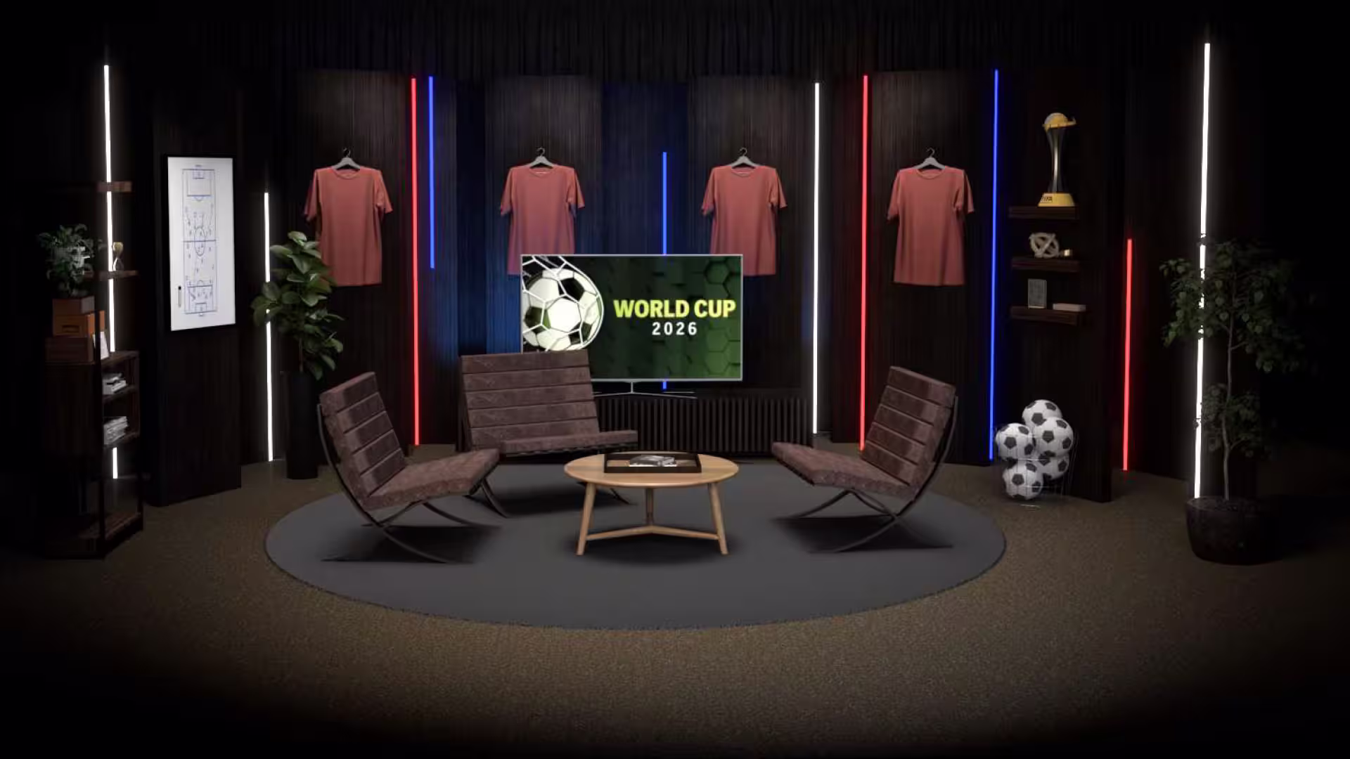 Modern TV studio set with chairs, round table, footballs, jerseys on wall, and a screen showing World Cup 2026.