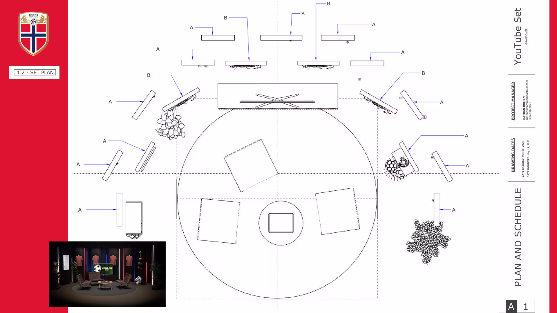 Top-down set plan with labeled elements and inset photo of a studio with chairs, table, and soccer decor.
