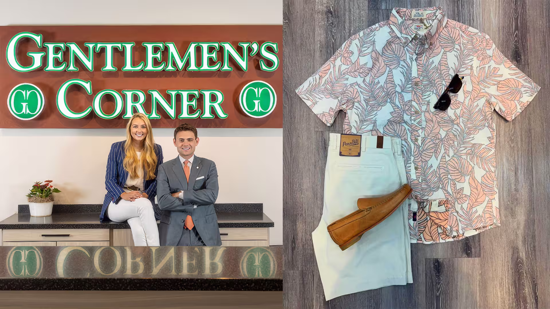 Two people sit and stand by Gentlemen's Corner sign; men's outfit with floral shirt, shorts, loafers, sunglasses.