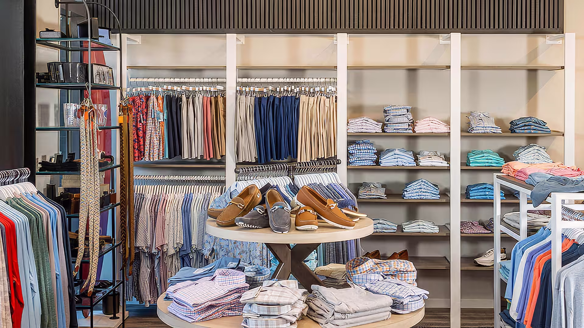 Neatly arranged men's clothing store with folded shirts, hanging pants, belts, and shoes on display table.