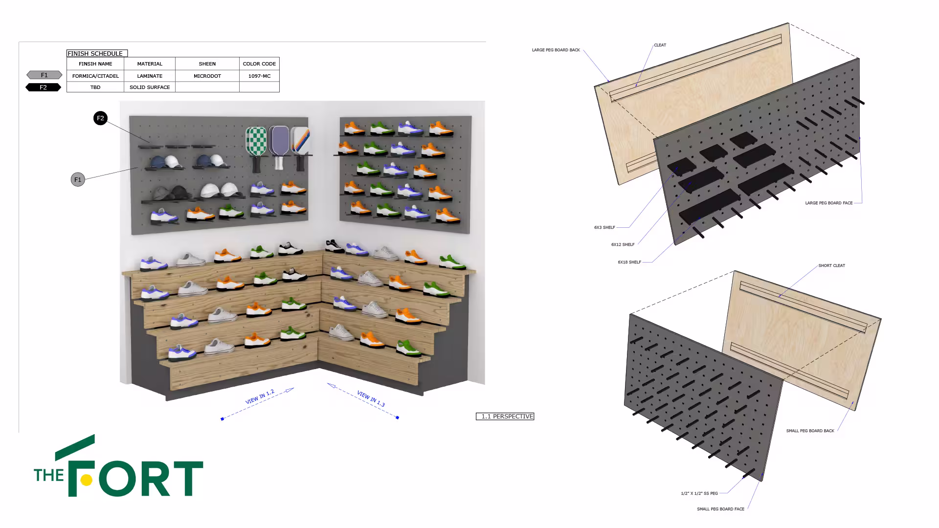 3D shoe display with pegboards and wooden shelves, showing orange, green, blue, and white shoes.