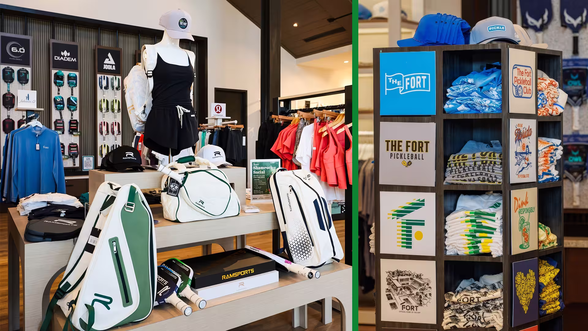 Pickleball gear, apparel, and accessories displayed on shelves and racks in a sports store.