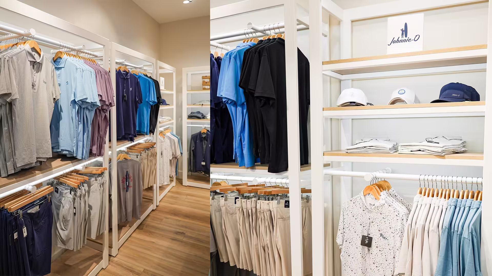 A clothing store display with neatly hung polo shirts, shorts, caps, and folded shirts on white shelves.