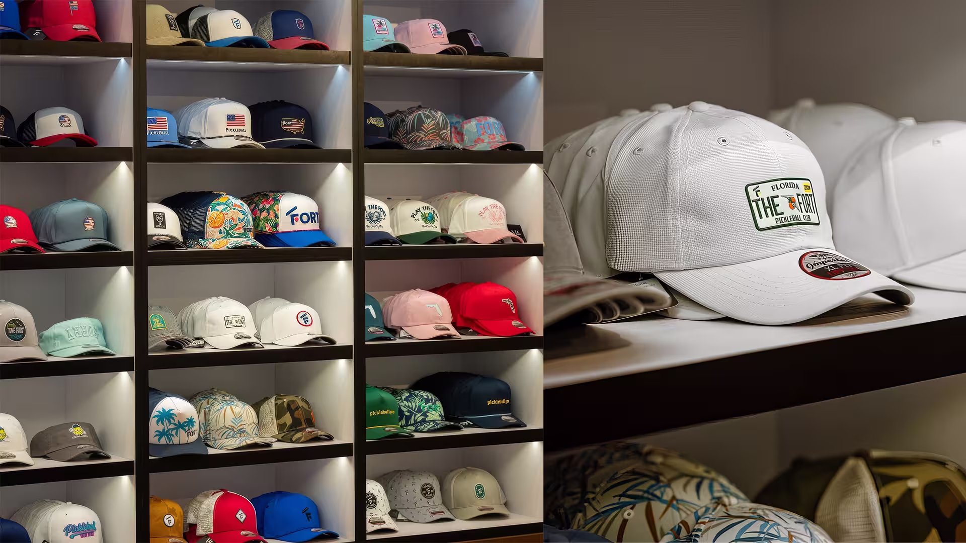 Shelves displaying various colorful caps and a close-up of a white cap with Florida The Fort Pickleball Club logo.