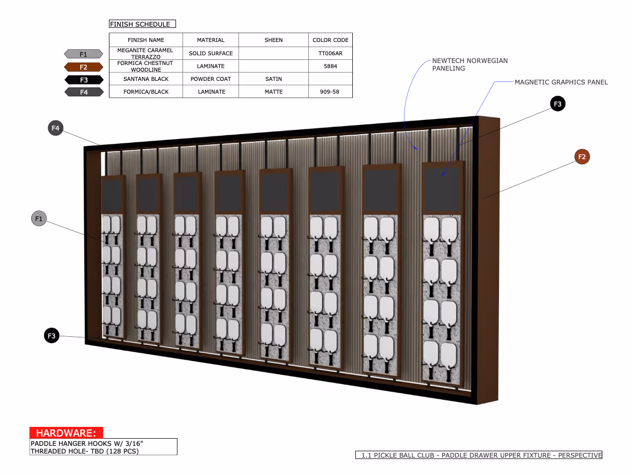 Diagram of paddle drawer upper fixture with finish schedule and labeled panel materials.