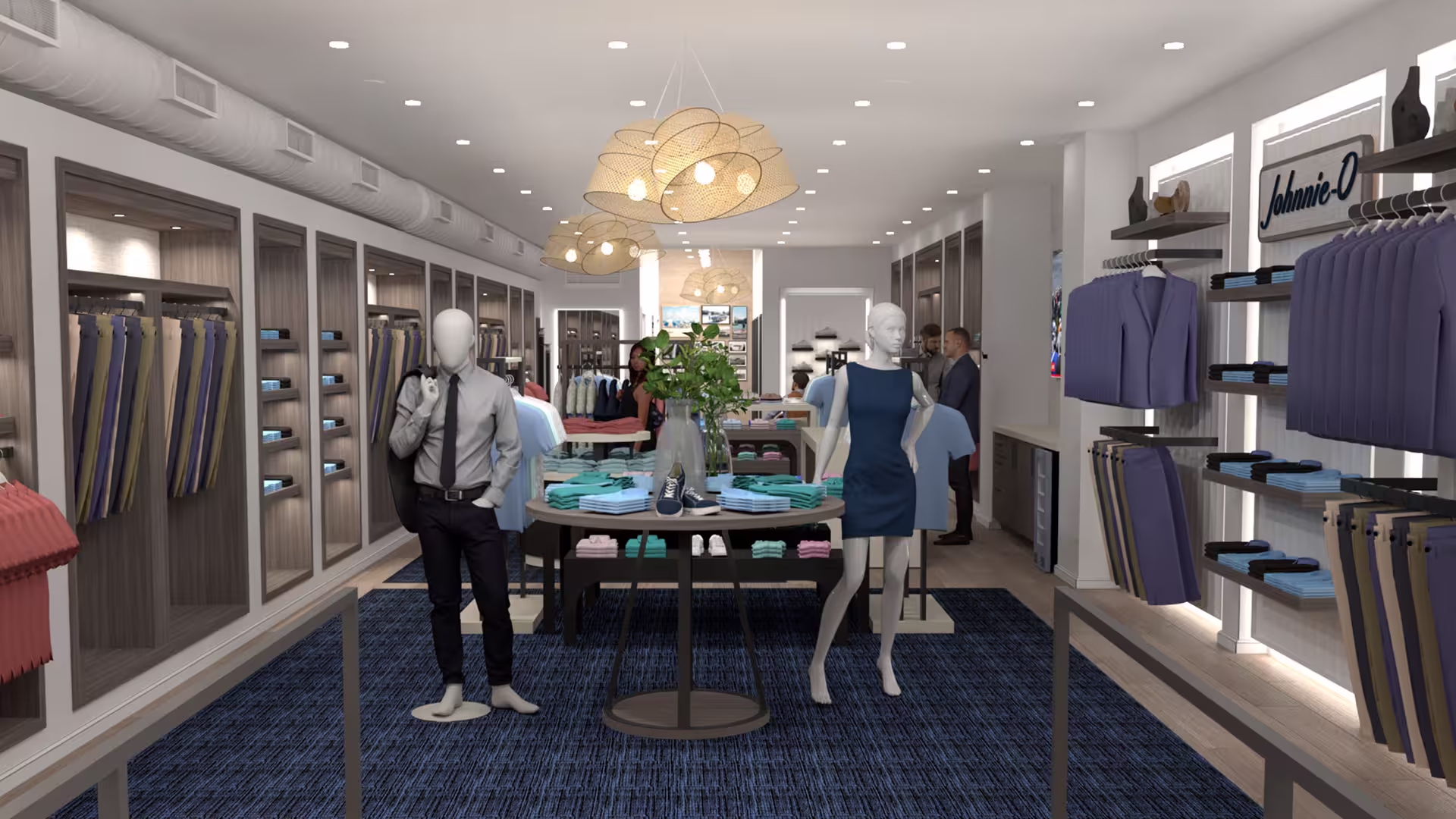 Modern men's clothing store interior with mannequins, shelves of folded clothes, hanging suits, and pendant lights.