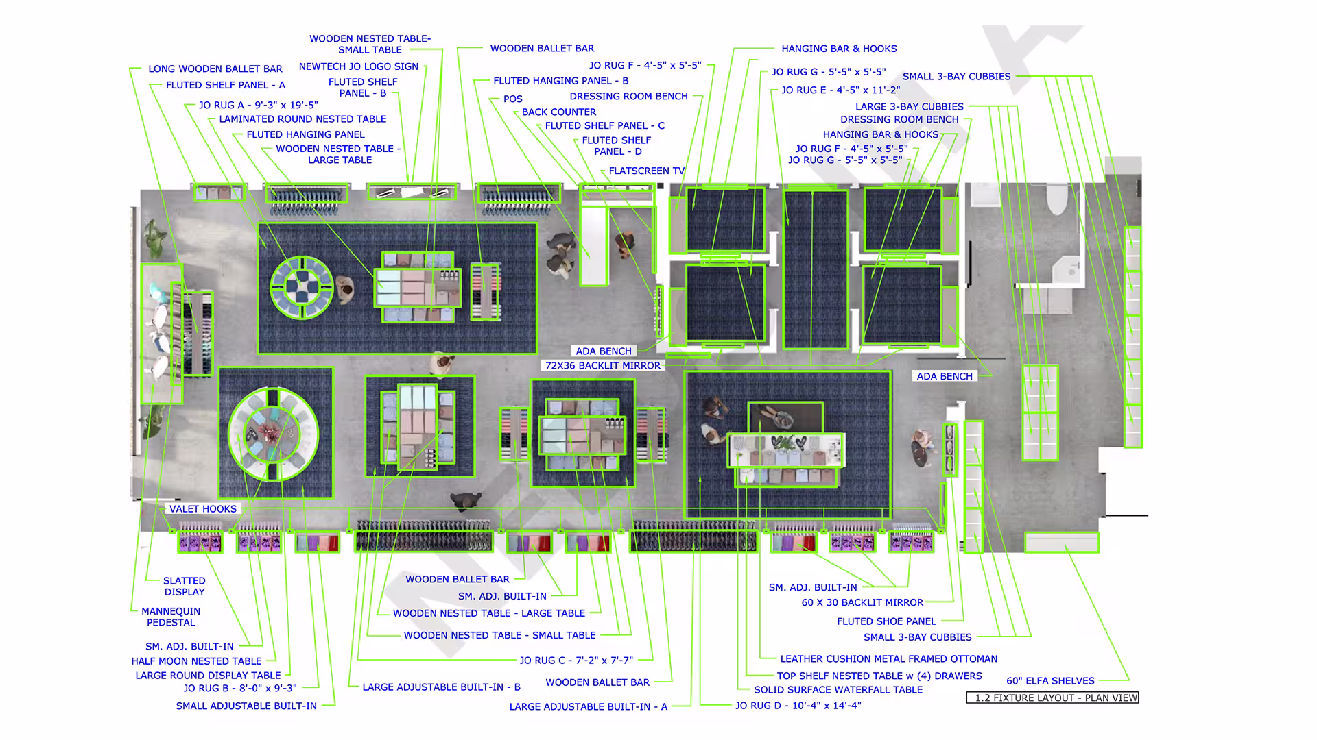 Plan view of retail fixture layout with tables, benches, cubbies, shelves, and rugs labeled.