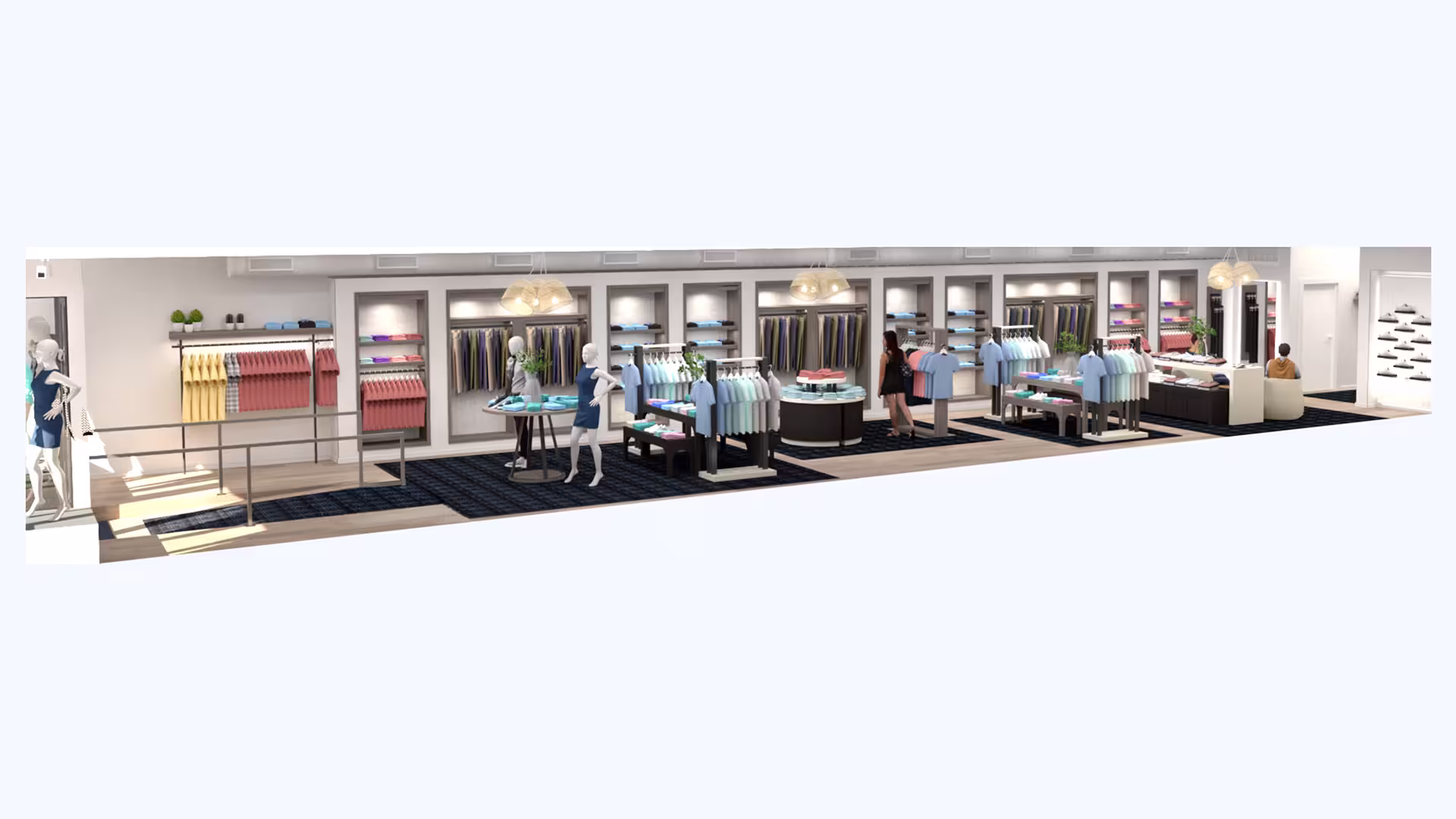 Modern clothing store interior with racks of folded shirts, pants, mannequins, and two shoppers inside.