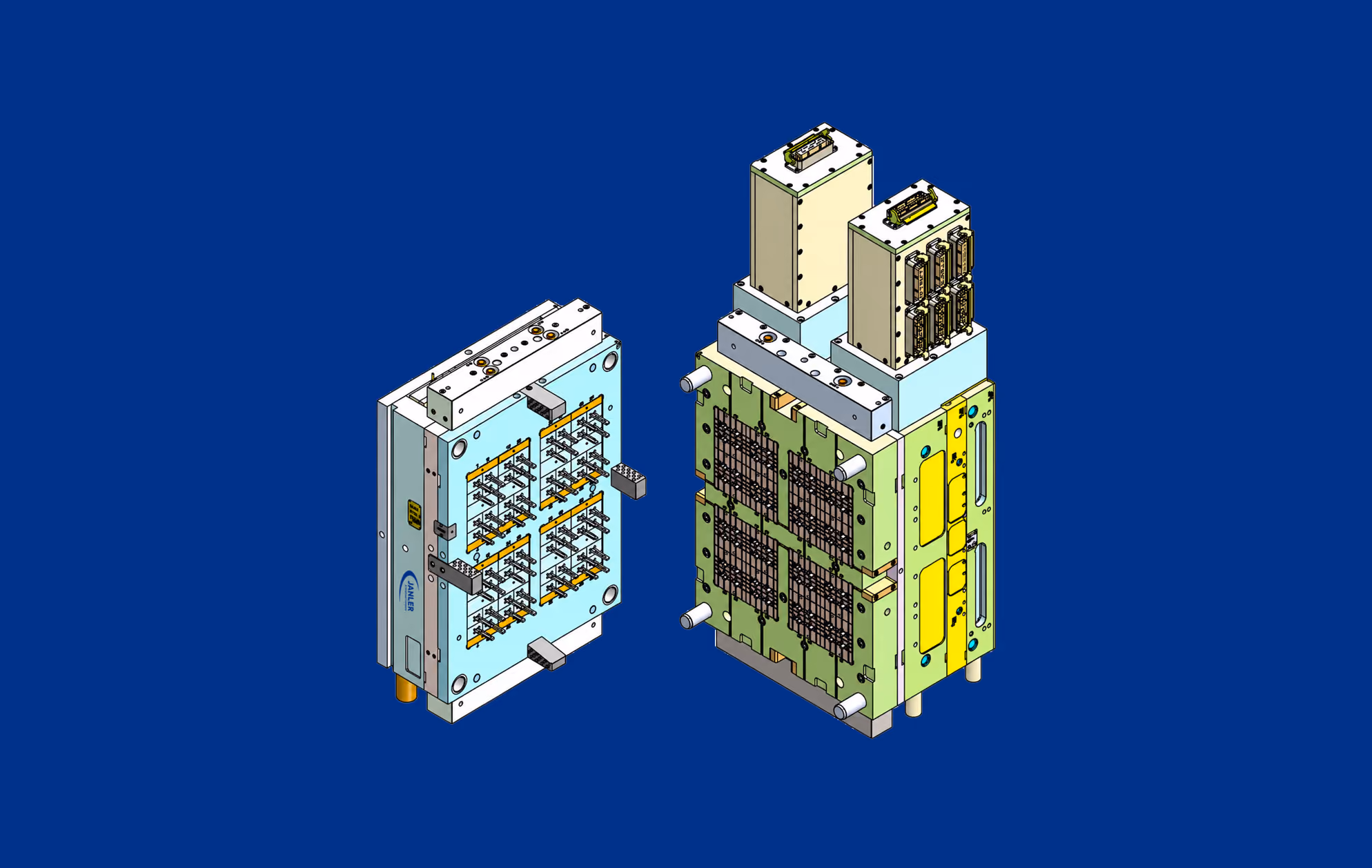 Engineering render of a multi-cavity mold, cavity and core side