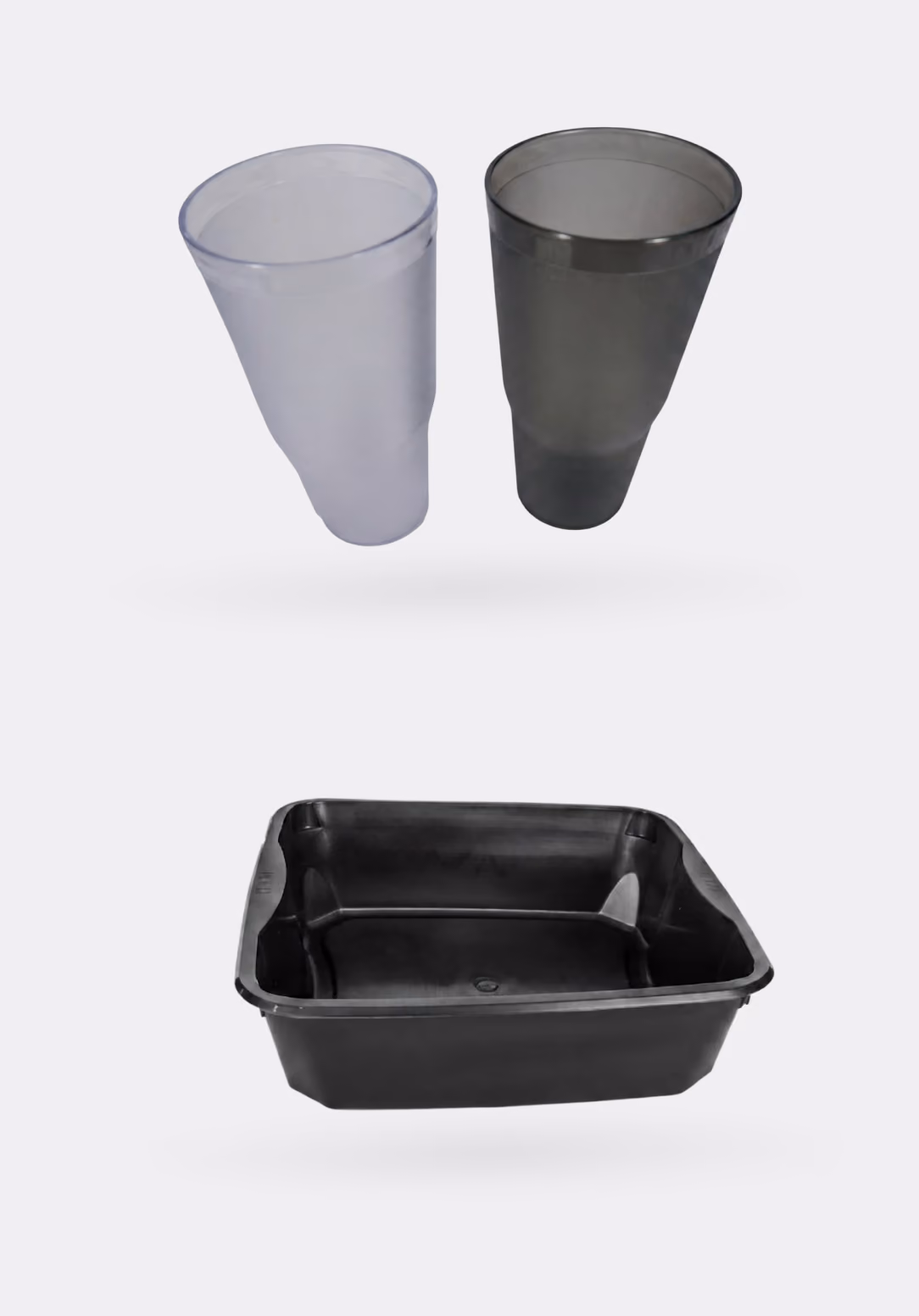 Clear and dark molded plastic cups and a black food storage tray for the food industry