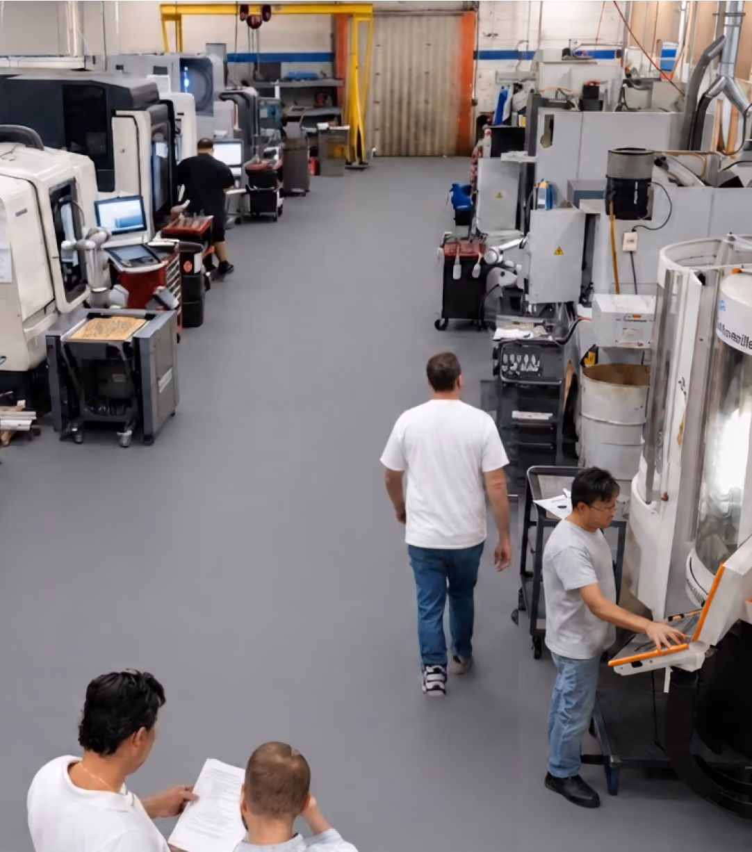 Team members walking and working among CNC machines on the manufacturing floor