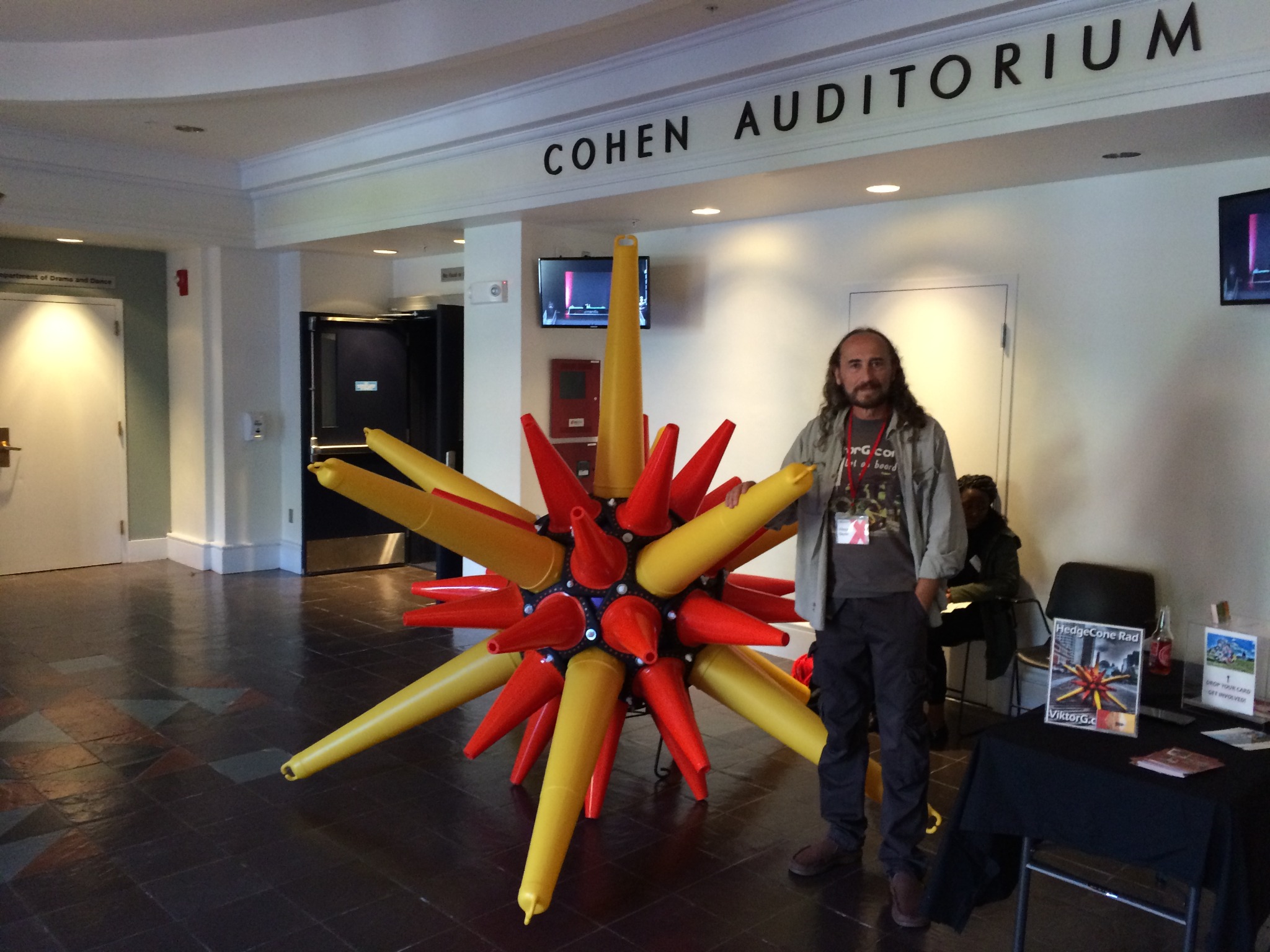 Viktor Genel beside HedgeCone Rad in the Cohen Auditorium lobby at TEDxSomerville, September 27, 2015.