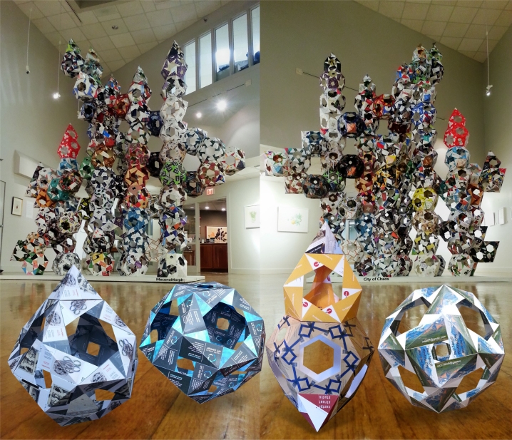 City of Chaos, South Shore Art Center, 2017: MeconoMorph incarnation and examples of constituent constructions.