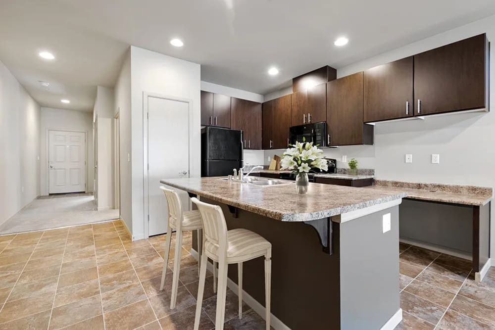 Kitchen island with chairs and appliances