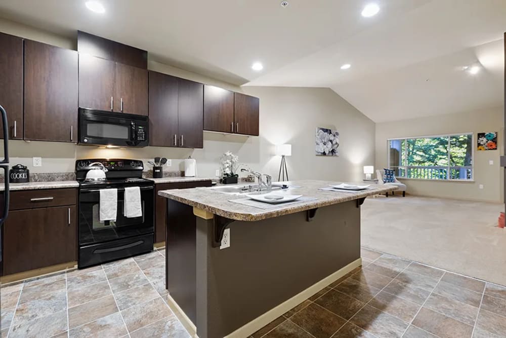 Kitchen looking into fireplace