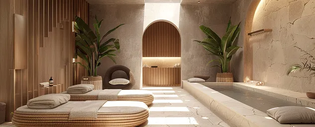 Serene spa lounge with daybeds, plants, and warm lighting