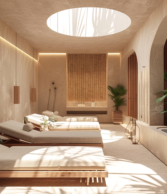 Spa relaxation lounge with daybeds under a skylight