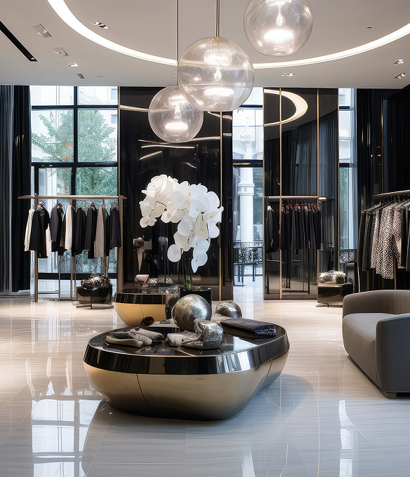 Upscale boutique interior with designer lighting and clothing racks