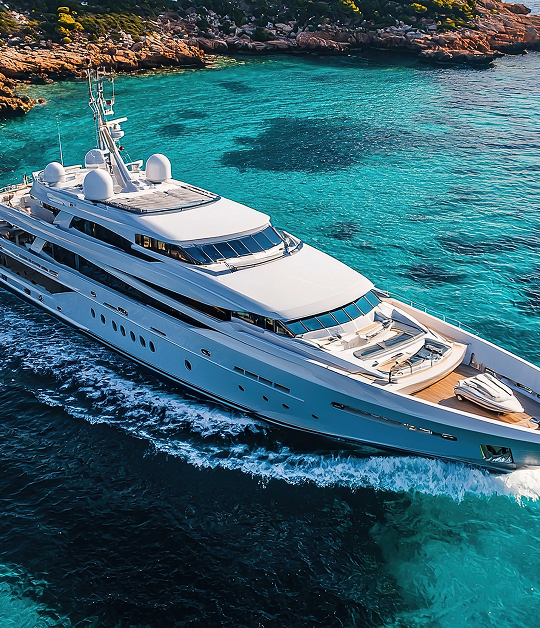 Superyacht cruising through turquoise coastal waters