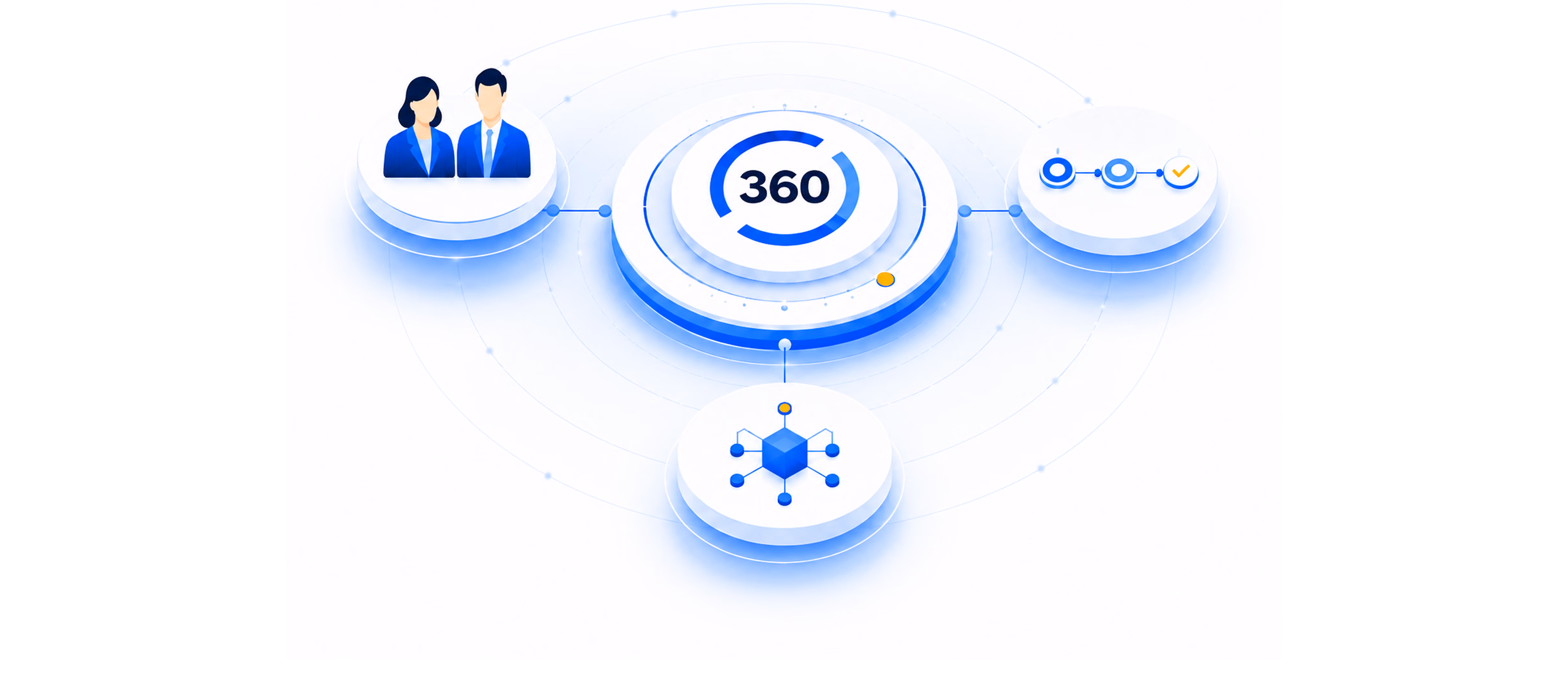 Central 360 icon linked to icons of business people, a process flow, and a connected network cube.