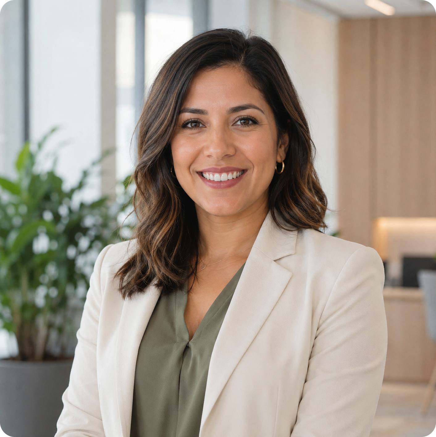 Smiling woman with shoulder-length brown hair in a beige blazer and green blouse in an office setting.