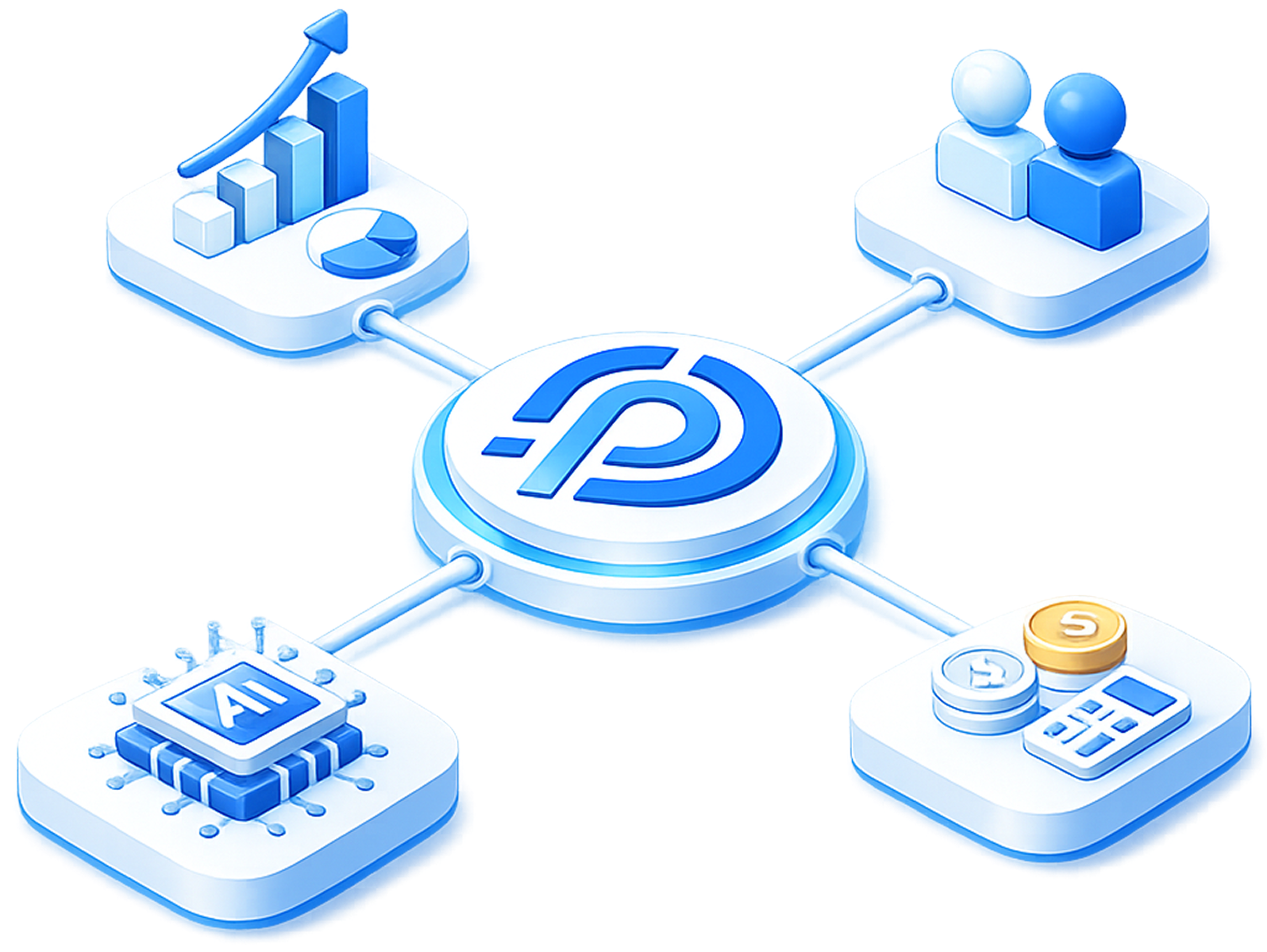 Central connected icon linked to graphs, user figures, AI chip, and coins with calculator icons.