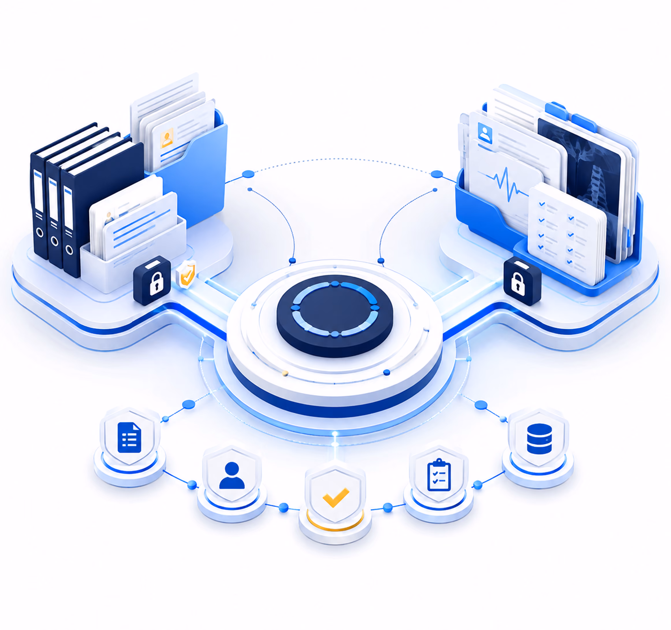 3D diagram of secure legal and medical file storage linked to central data with protection icons.