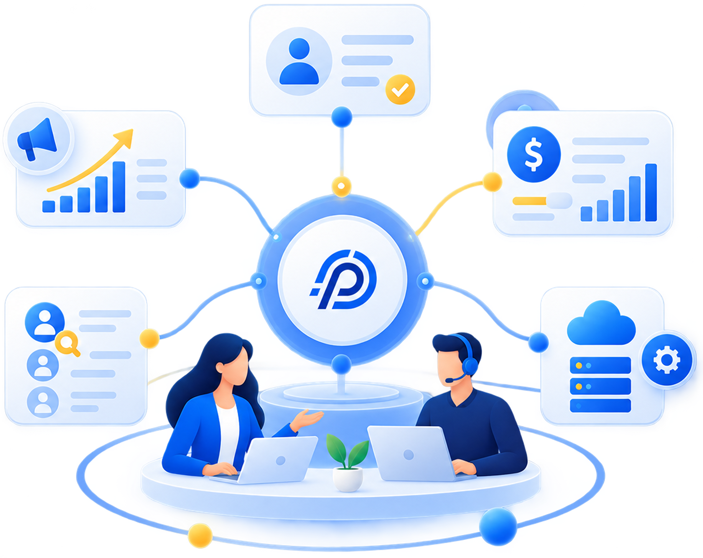 Five people collaborate at a round table surrounded by icons of charts, laptop, coins, and megaphone.