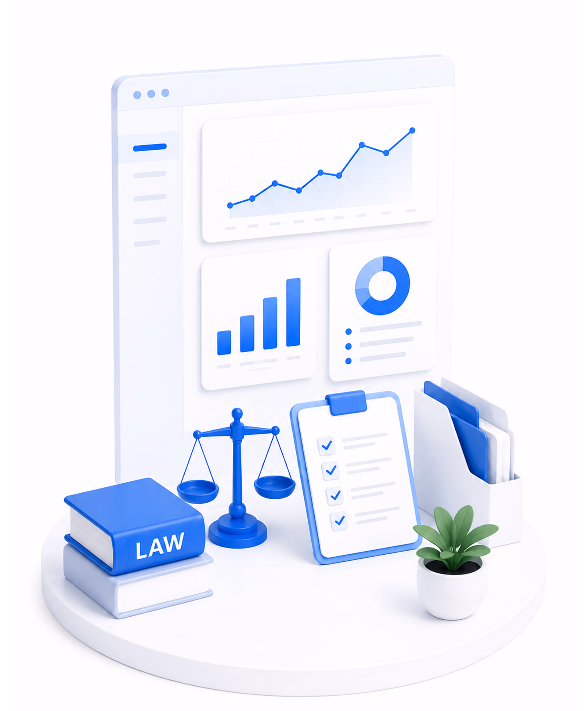 3D blue and white legal icons with law book, scales, checklist, files, and charts on round platform.