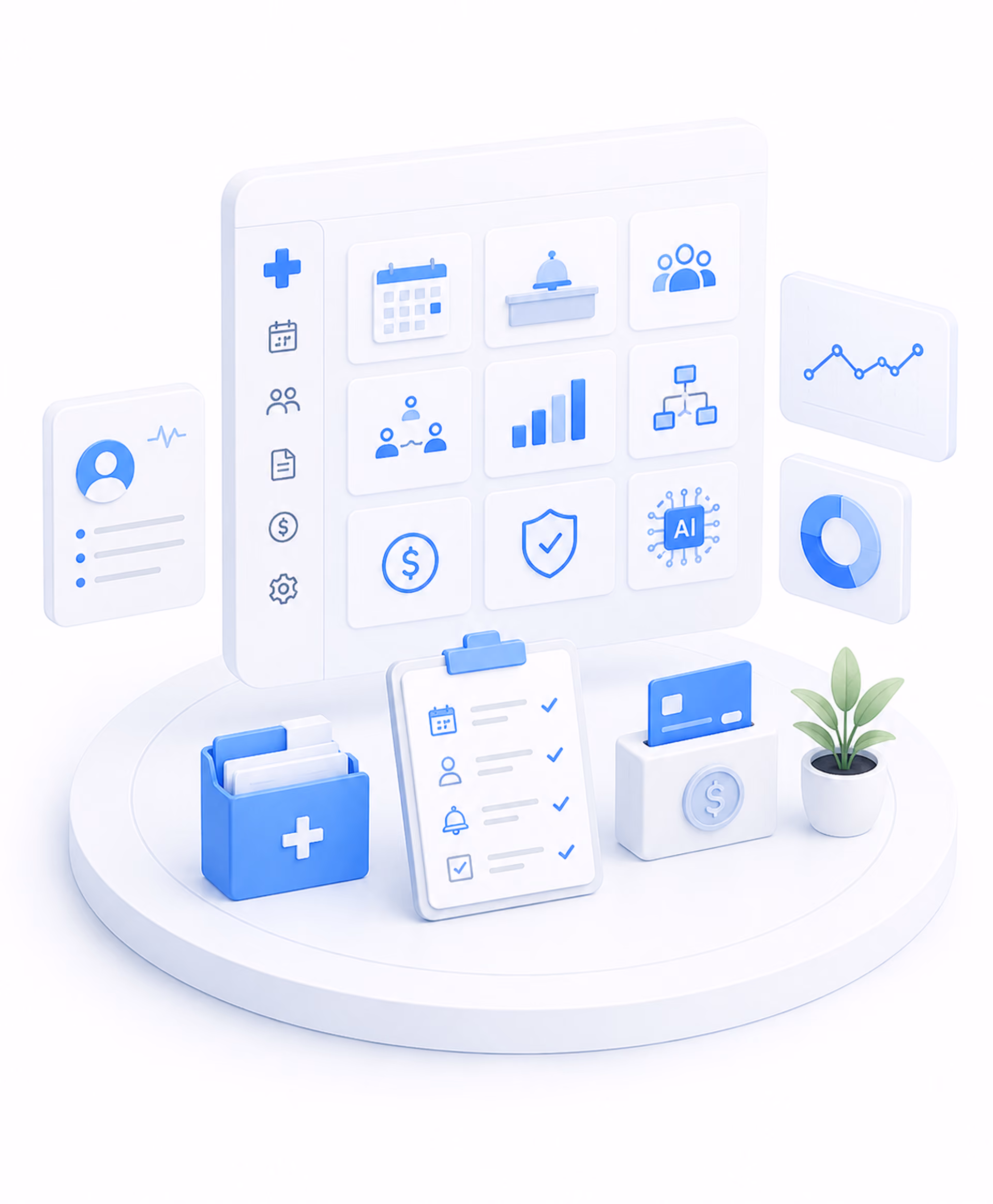 3D medical dashboard with icons, patient file, checklist, credit card, charts, and a potted plant.