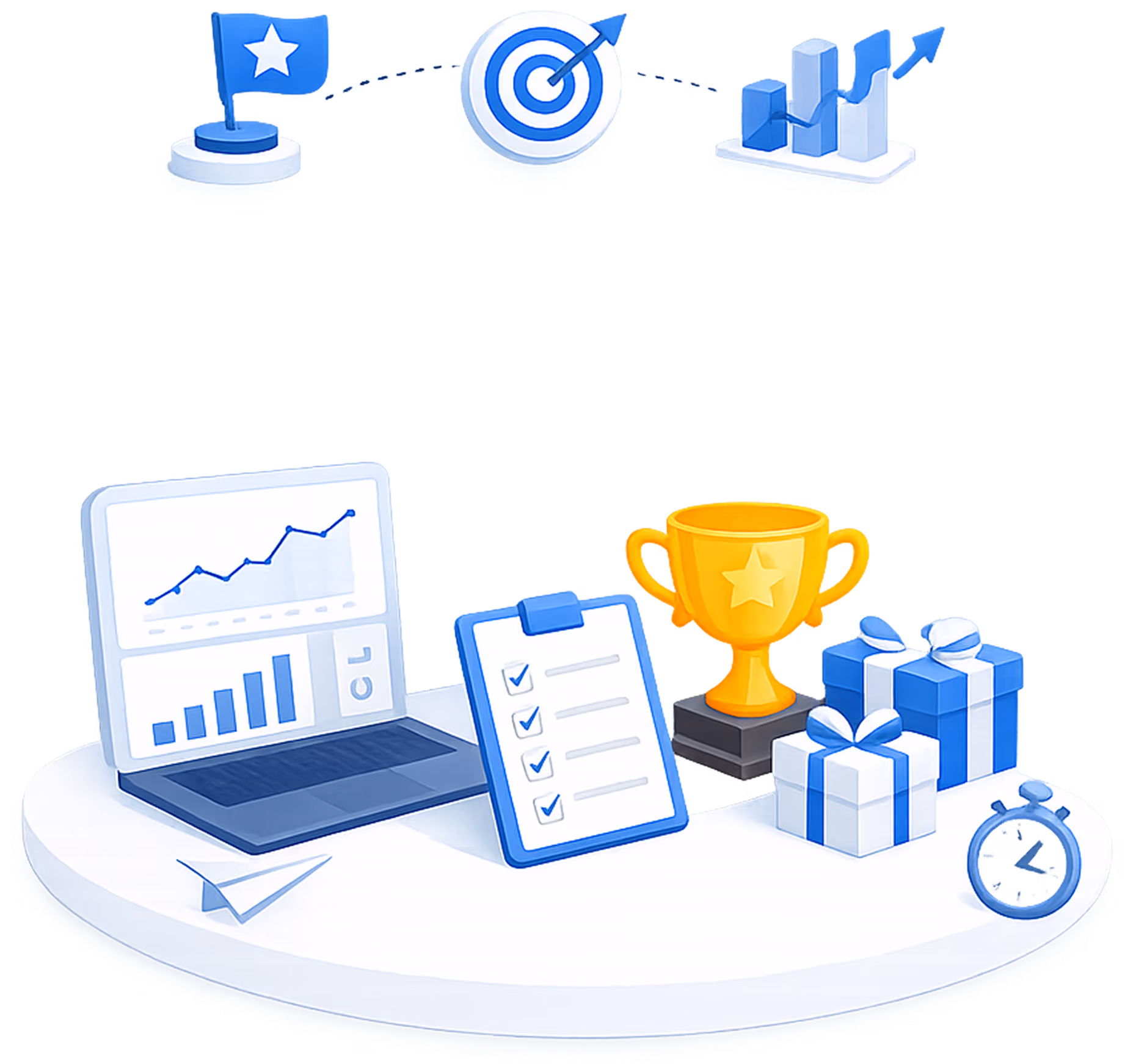 Laptop with graphs, clipboard checklist, trophy, gift boxes, and stopwatch on white platform.