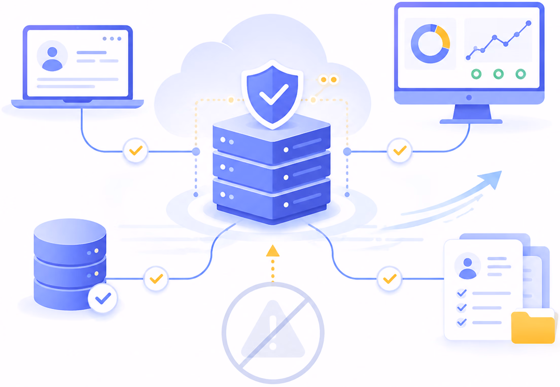 Central secure server connects to computer, database, analytics, and documents with error-free check marks.
