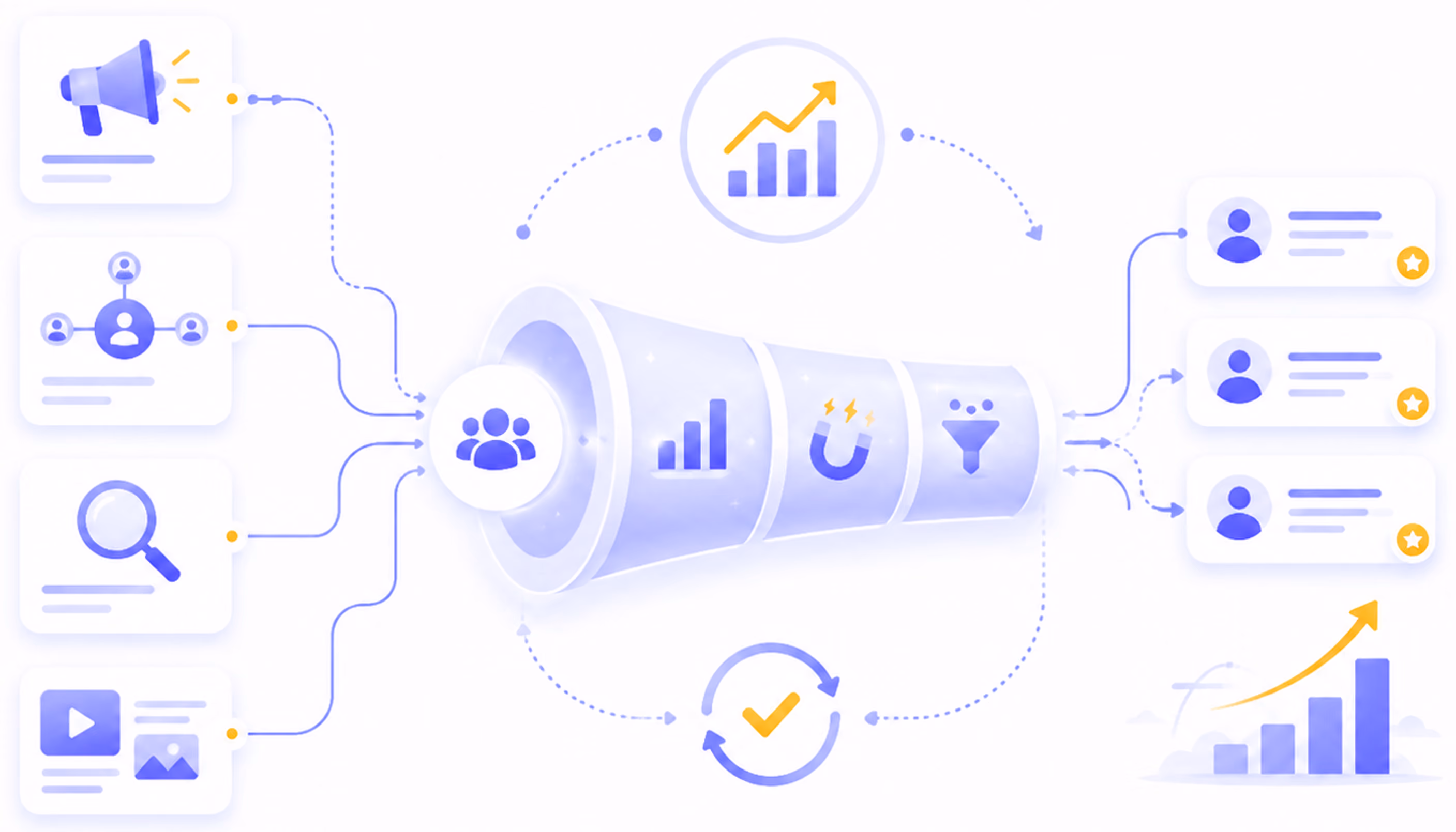 Marketing funnel diagram showing audience, engagement, lead generation, and customer conversion steps.