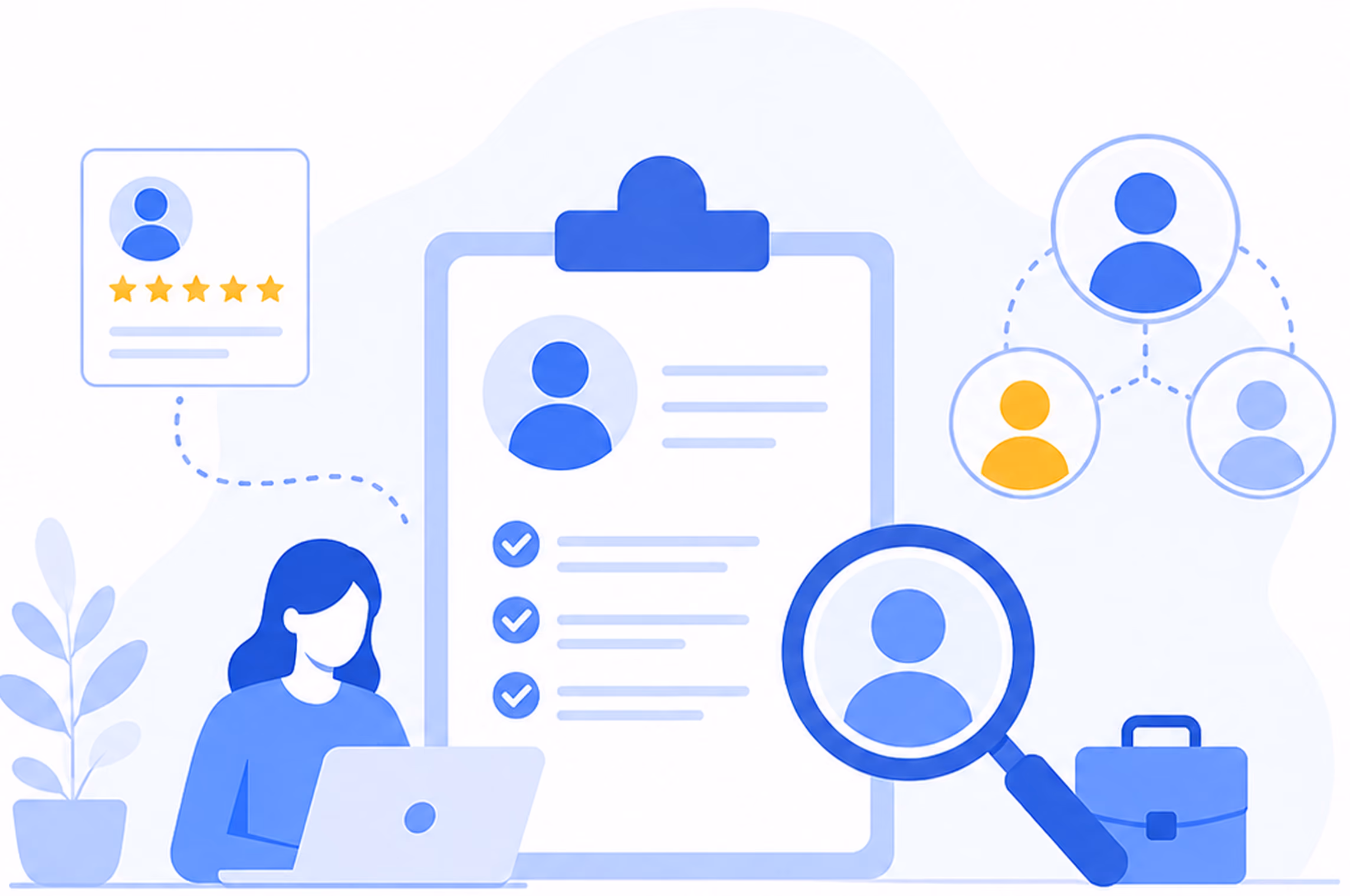 Illustration of a woman hiring with resume, rating stars, magnifying glass, and network icons in blue tones.