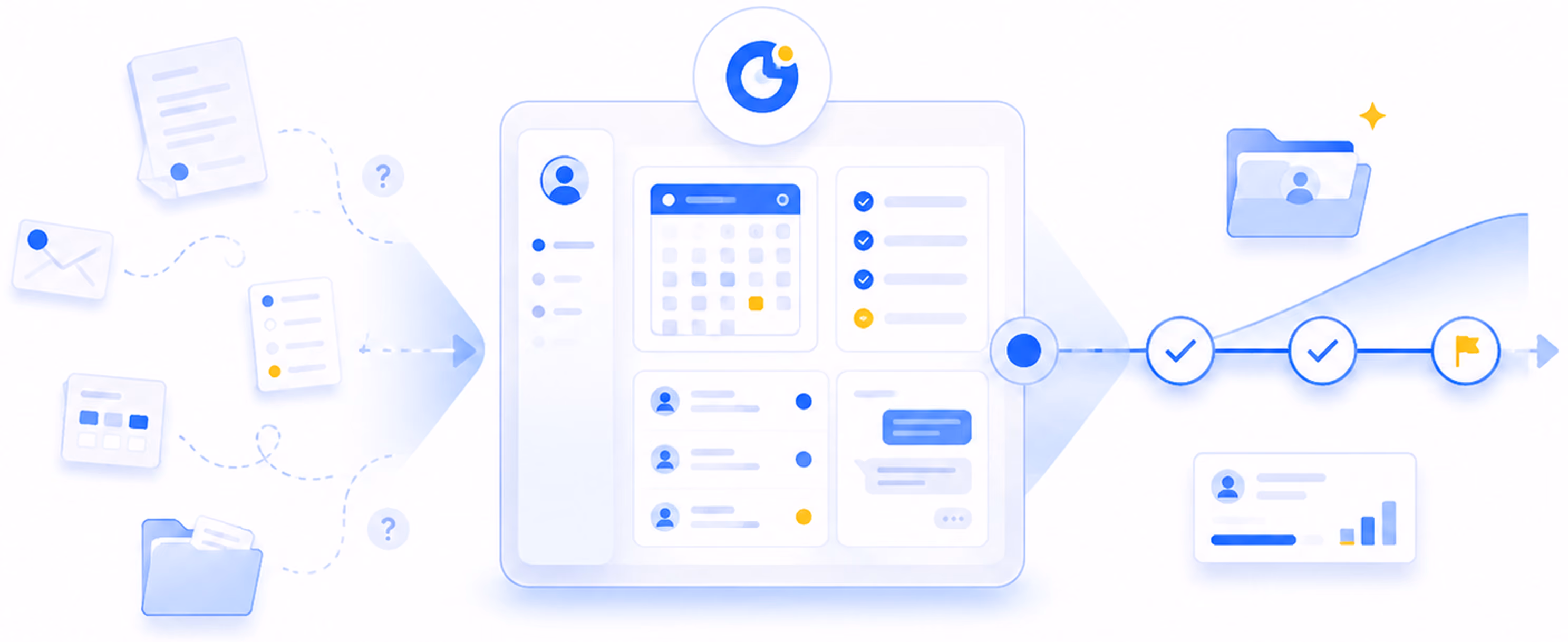 Illustration of digital task management with icons for email, calendar, checklist, chat, and progress tracking.