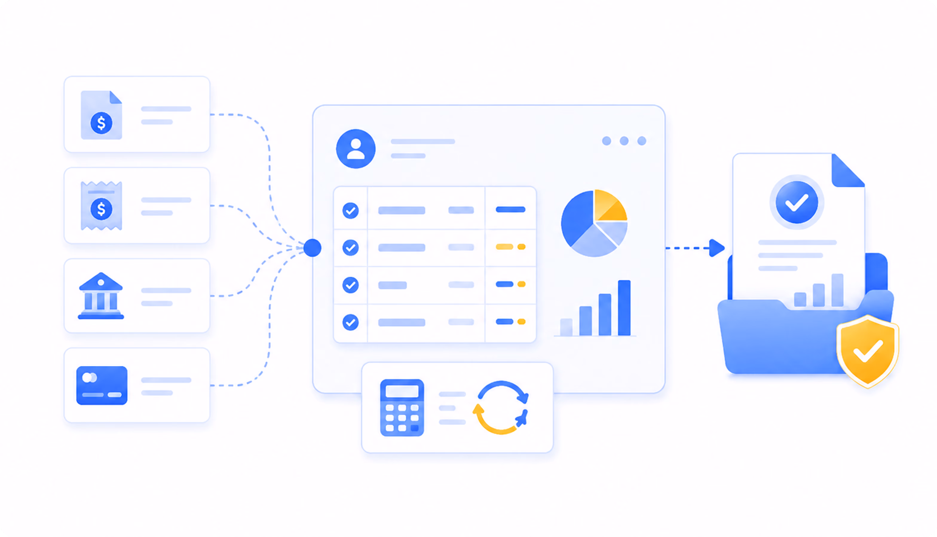 Finance icons of invoice, receipt, bank, and credit card linking to a report with charts and a secure folder.