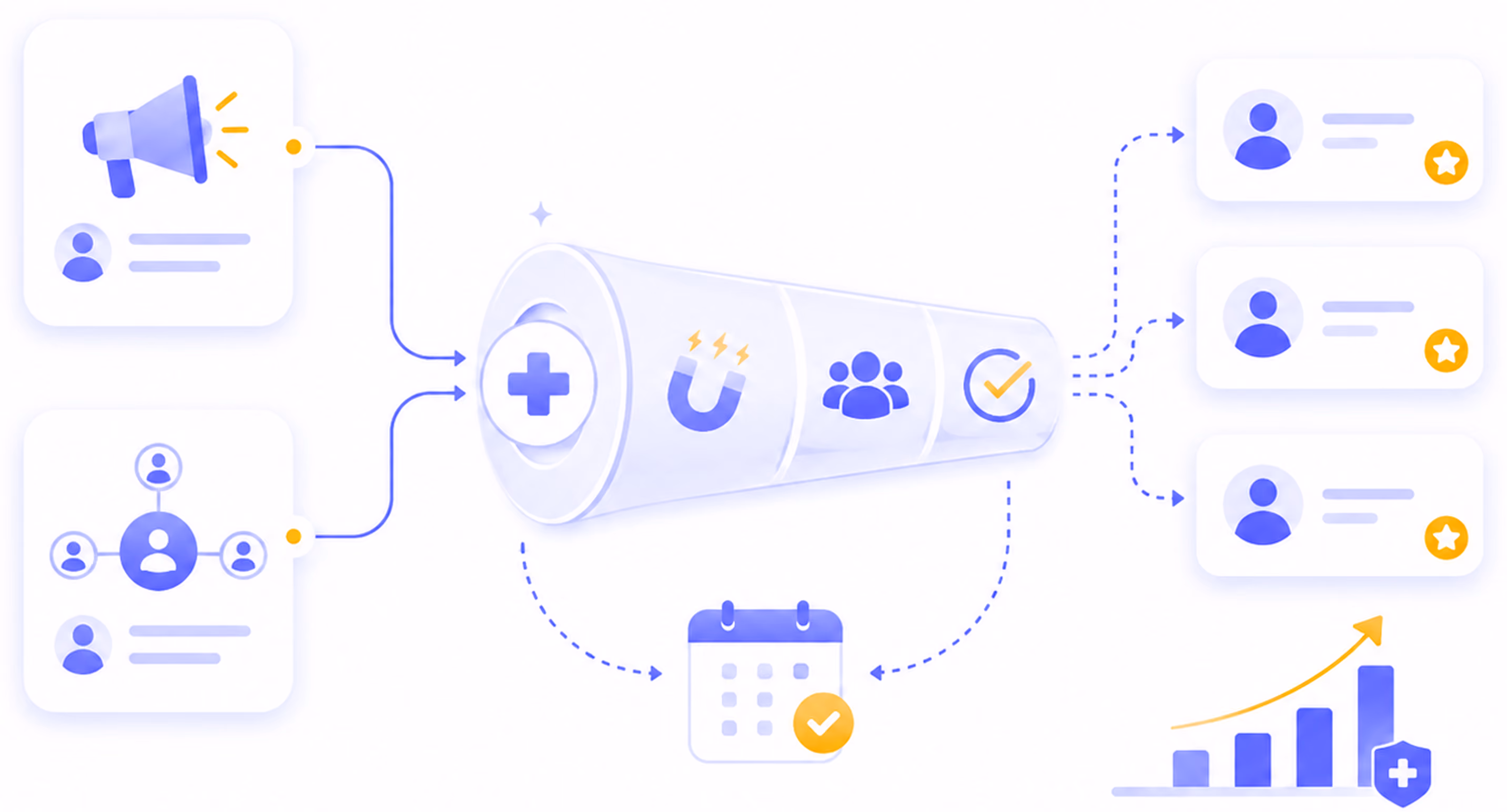 Marketing and growth funnel converting leads into customers with calendar and growth chart icons.