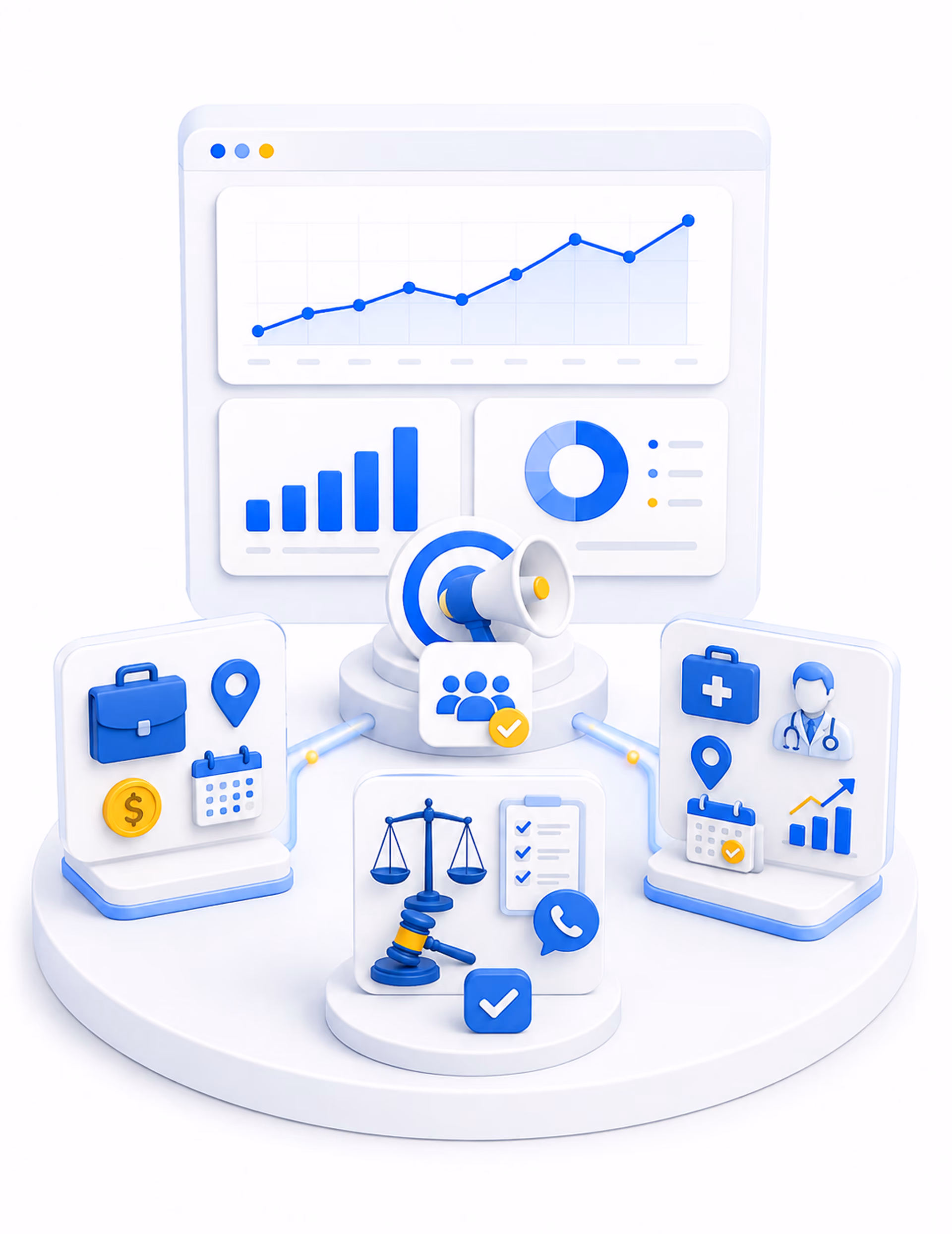 3D business icons with charts, target, legal scales, briefcase, medical symbols on a round platform.