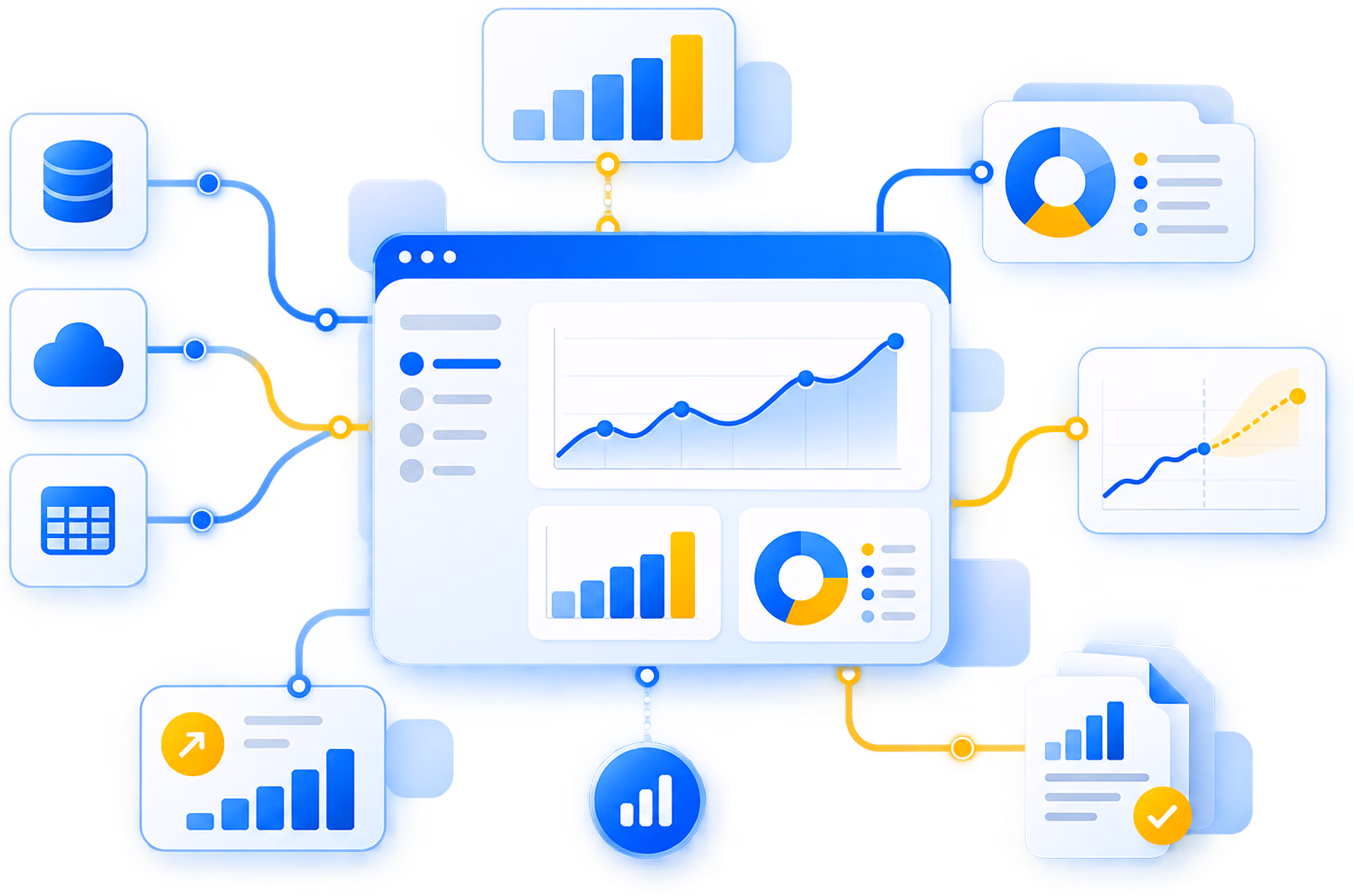 Digital marketing flowchart showing analytics, ad platforms, audience targeting, and growth metrics.
