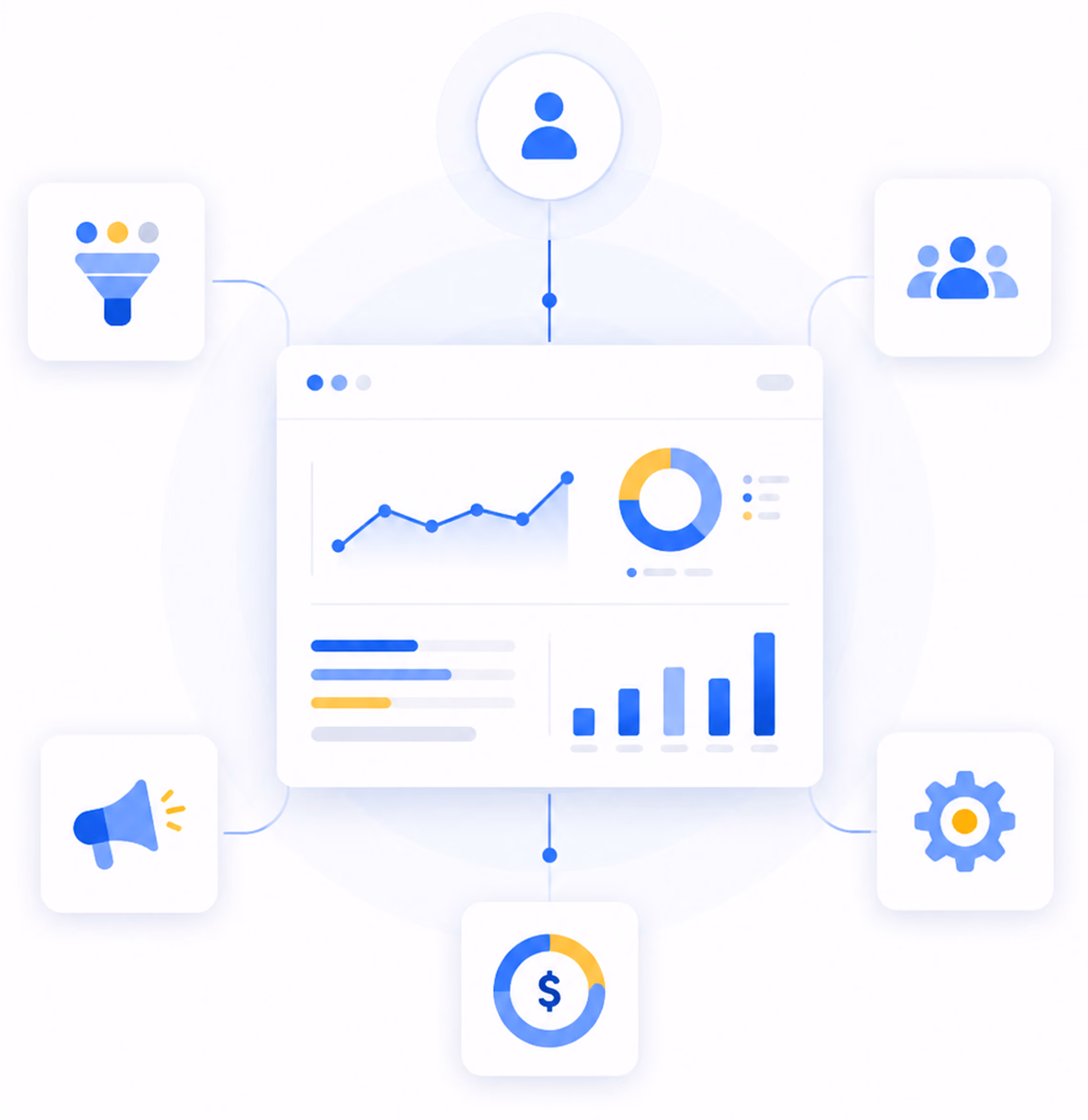 3D business icons with charts, target, legal scales, briefcase, medical symbols on a round platform.