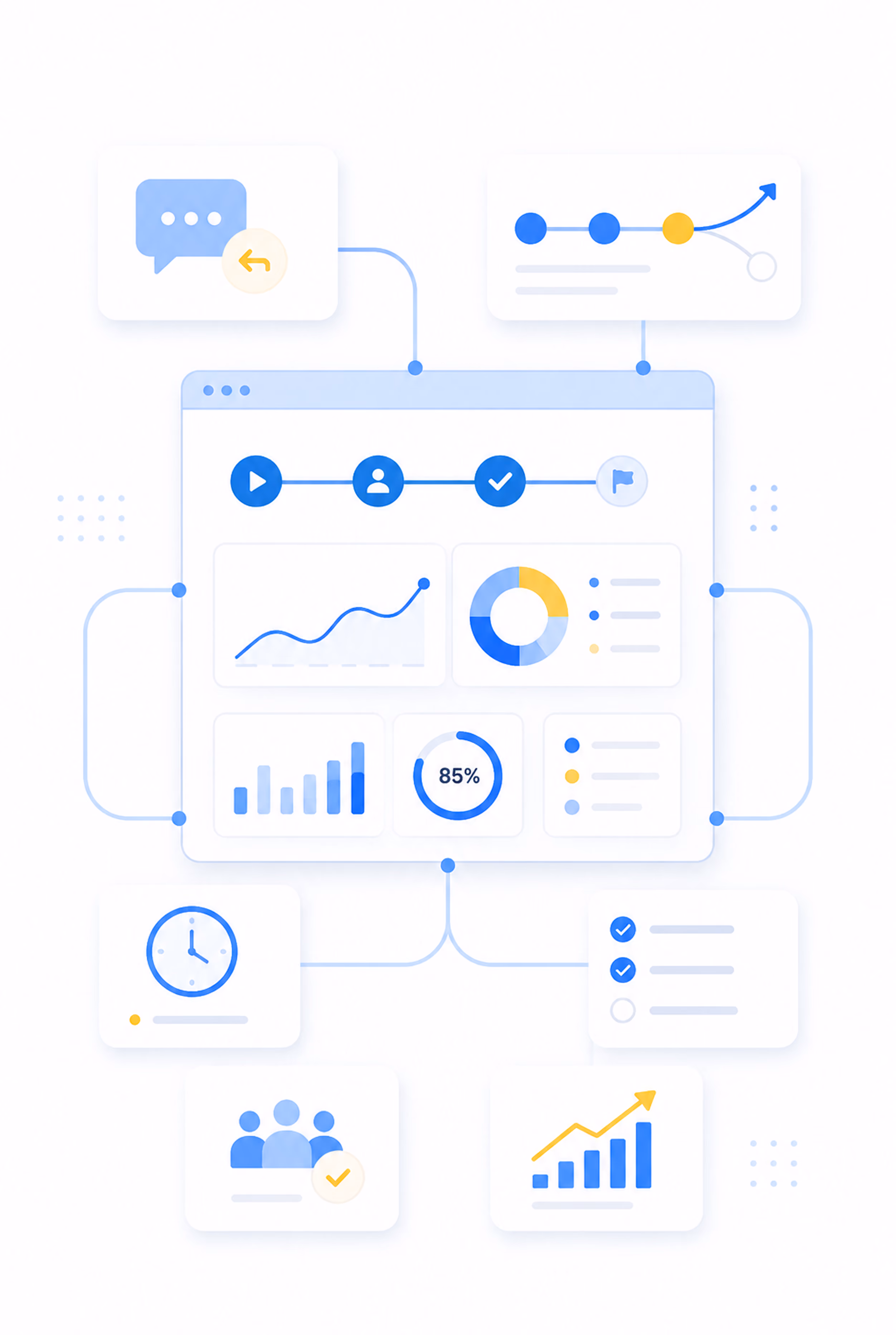 3D business icons with charts, target, legal scales, briefcase, medical symbols on a round platform.